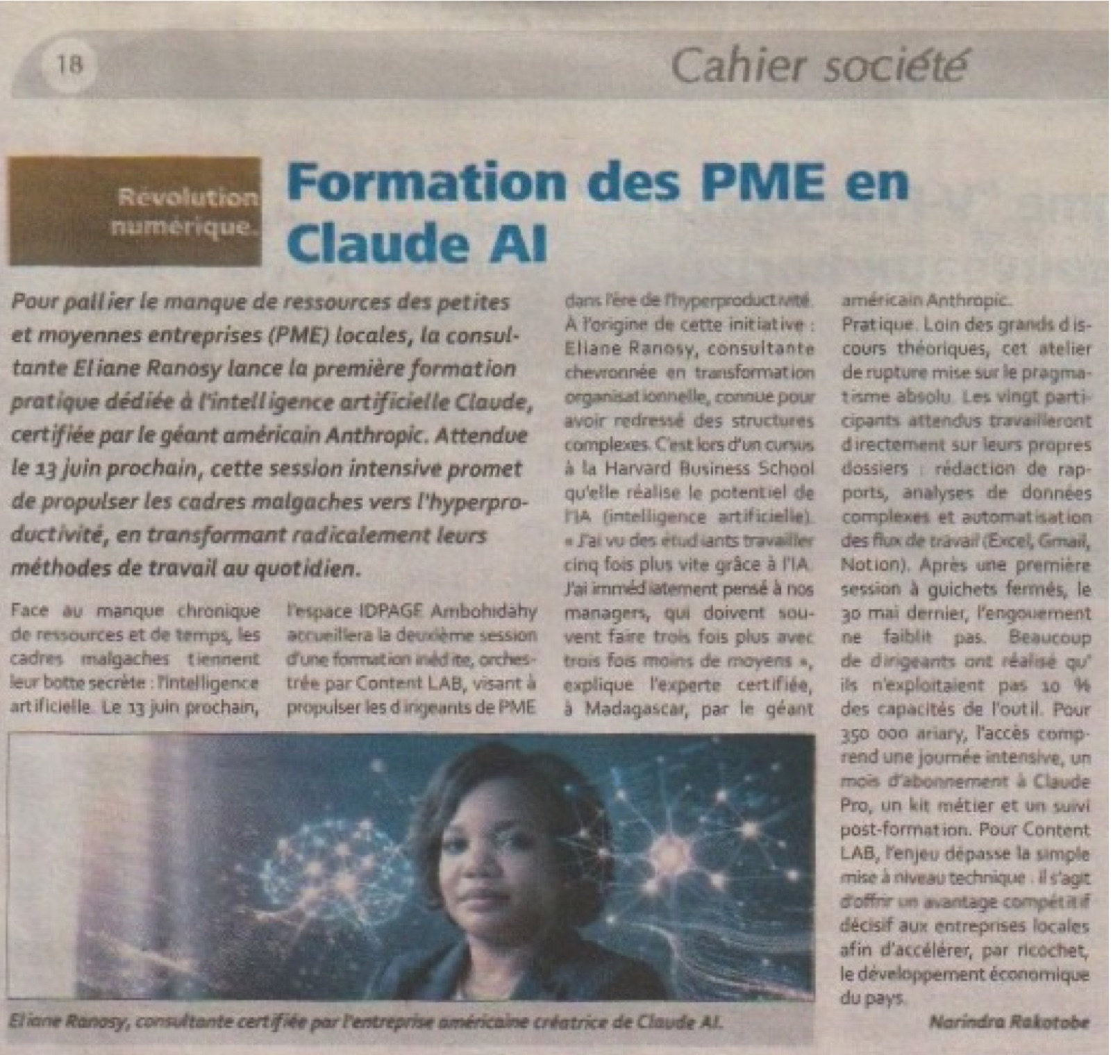 Article de Midi Madagasikara, Cahier Société, juin 2026, Formation des PME en Claude AI