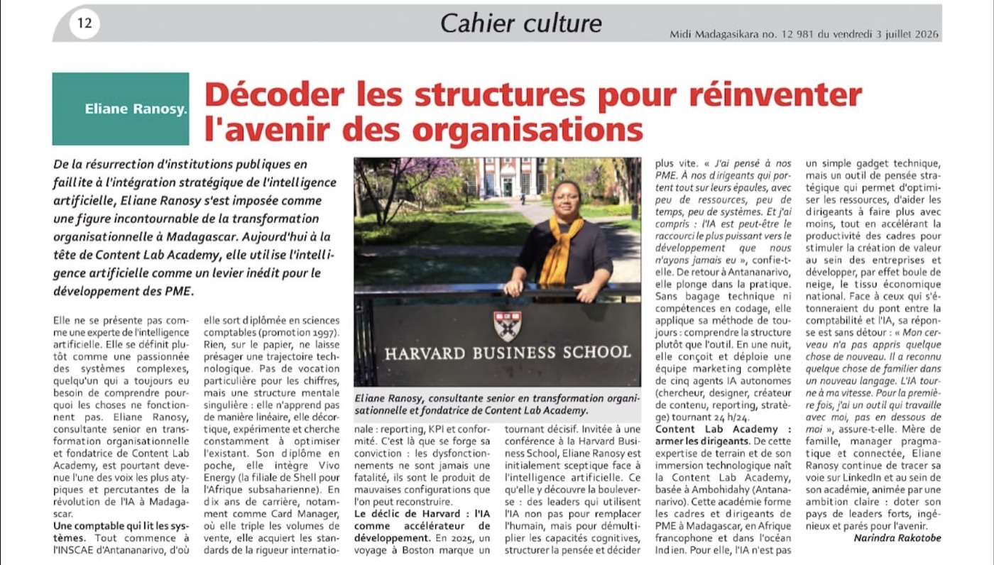 Portrait d'Eliane Ranosy dans Midi Madagasikara, Cahier Culture, 3 juillet 2026